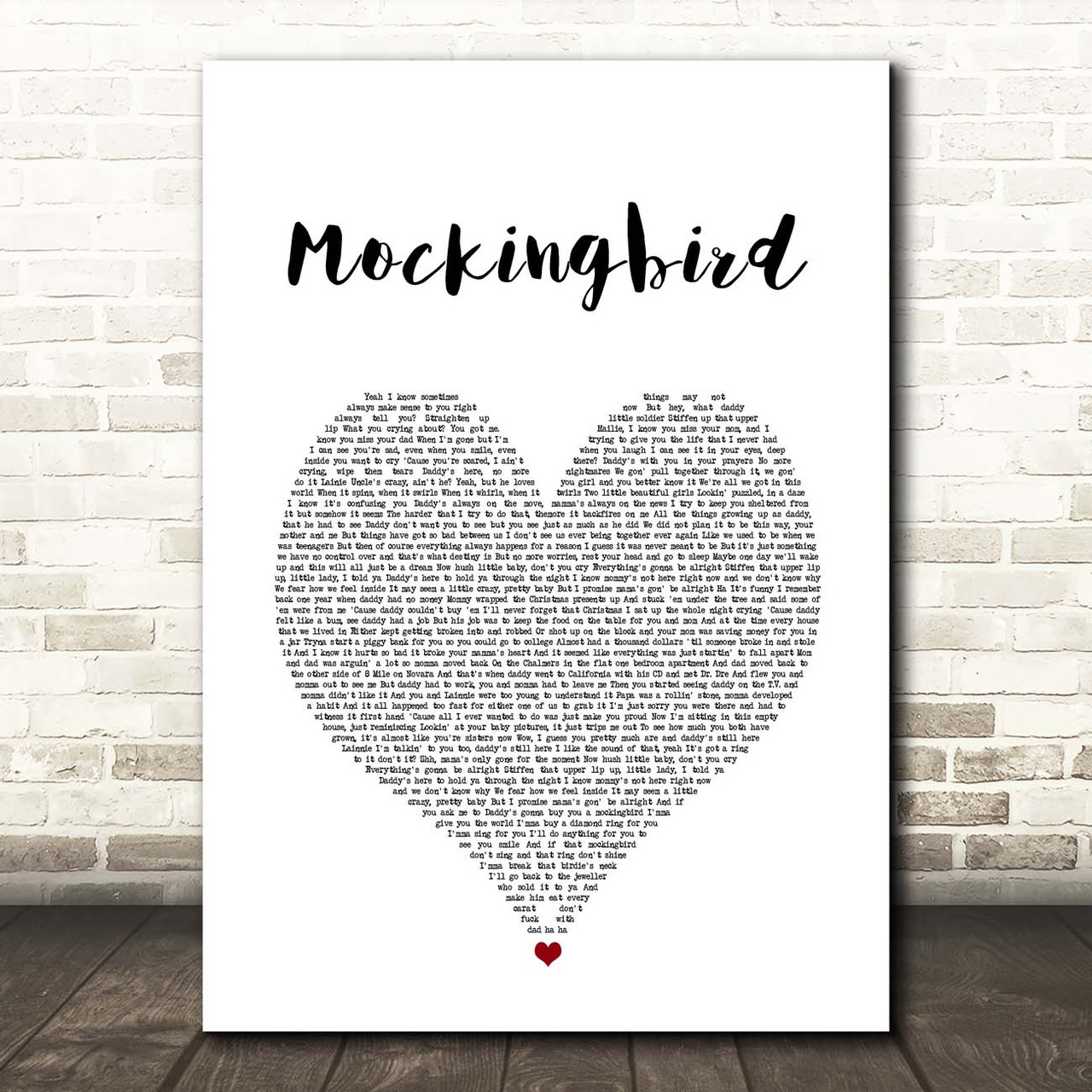 Eminem Mockingbird White Heart Song Lyric Print - Red Heart Print